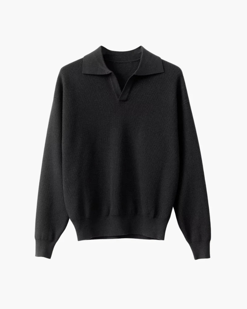 Textured Knit Polo Sweater - Black