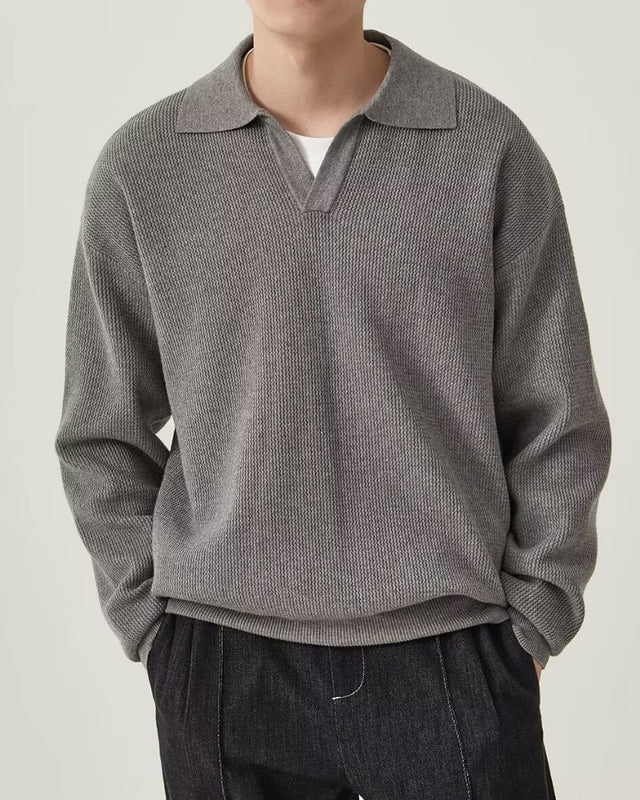 Textured Knit Polo Sweater - Gray