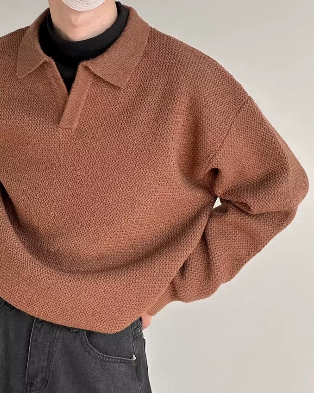 Textured Knit Polo Sweater - Brown
