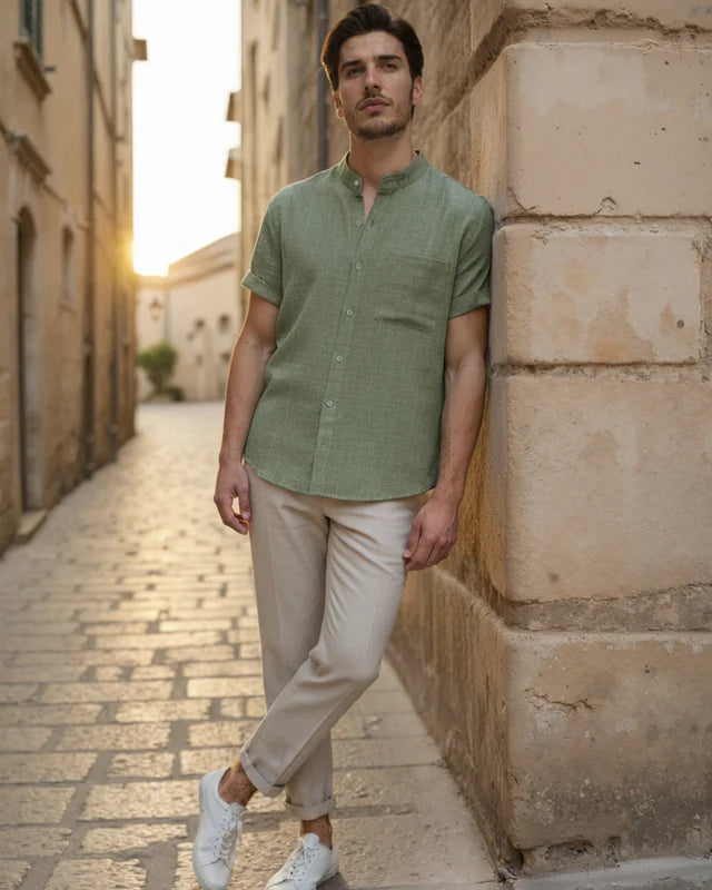 Verona Mandarin Collar Linen Shirt - Green