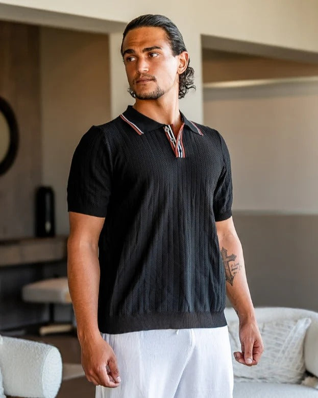 Herringbone Knit Polo - Black